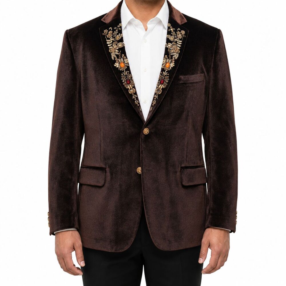 Mens 46R Brown Velvet Blazer Hand Embroidered Jeweled Lapel Wedding Tuxedo Groom